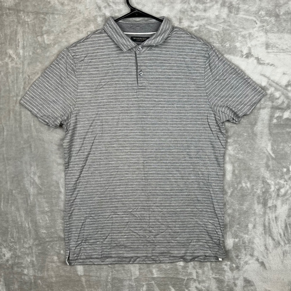 Banana Republic Mens Luxury Touch Standard Fit Gray Stripe Polo‎ Shirt Size L